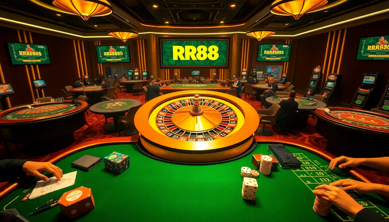 Experience the excitement of rr88 trang chính with luxurious casino tables and vibrant gaming elements.