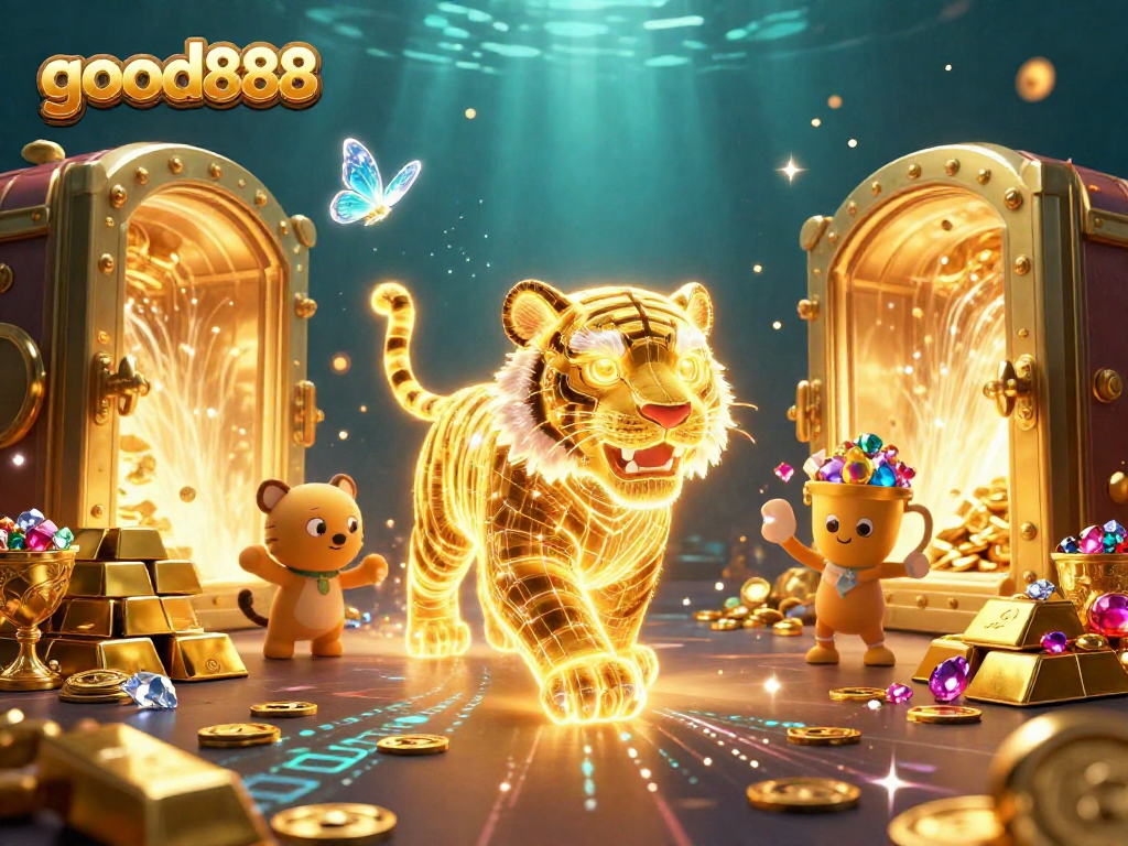 Experience thrilling gameplay at good888 with an energetic neon-wireframe tiger in a digital casino.