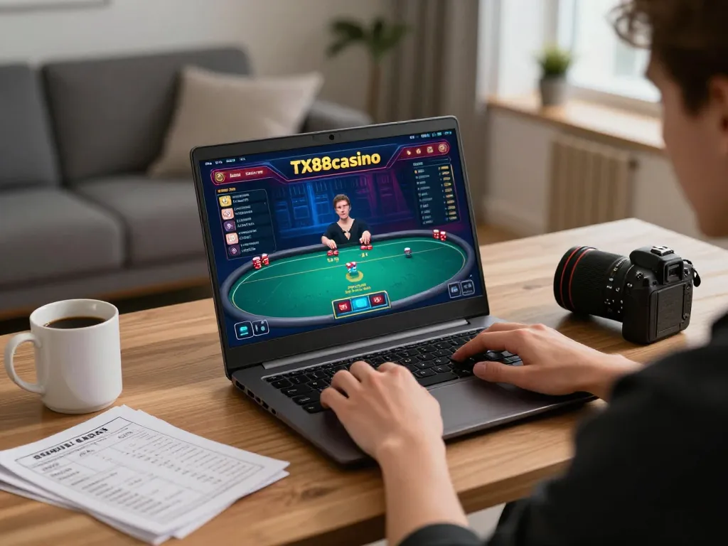 Gamer strategizing on TX88casino while enjoying online poker in a cozy home setting.