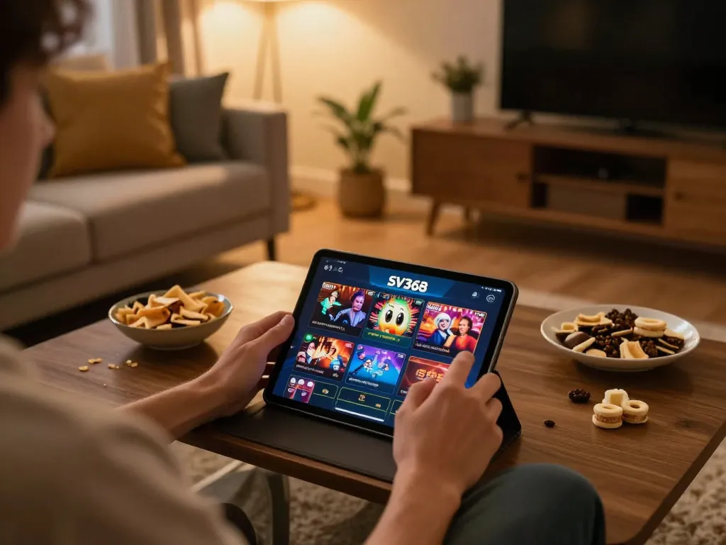 Player engaging with SV368 casino app on tablet in cozy living room setting