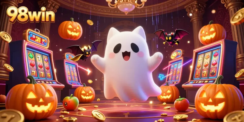 Engage in thrilling games at 98win featuring a ghost cat and vampire bat in a vibrant casino.