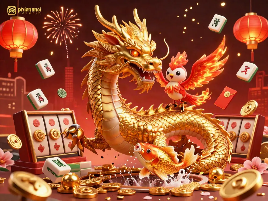 Experience phimmoi net phim with a detailed illustration of a golden dragon and vibrant casino elements.