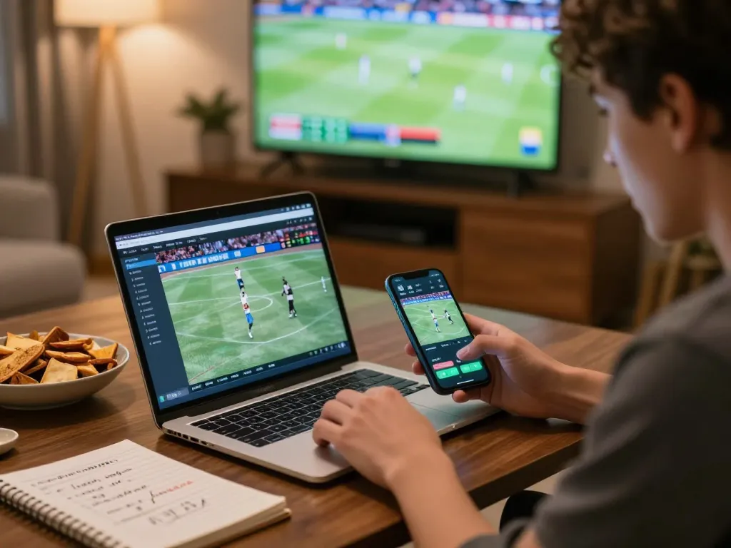 Engaging moment of sports betting at home using o8 platform on laptop and smartphone, showing excitement and strategy.