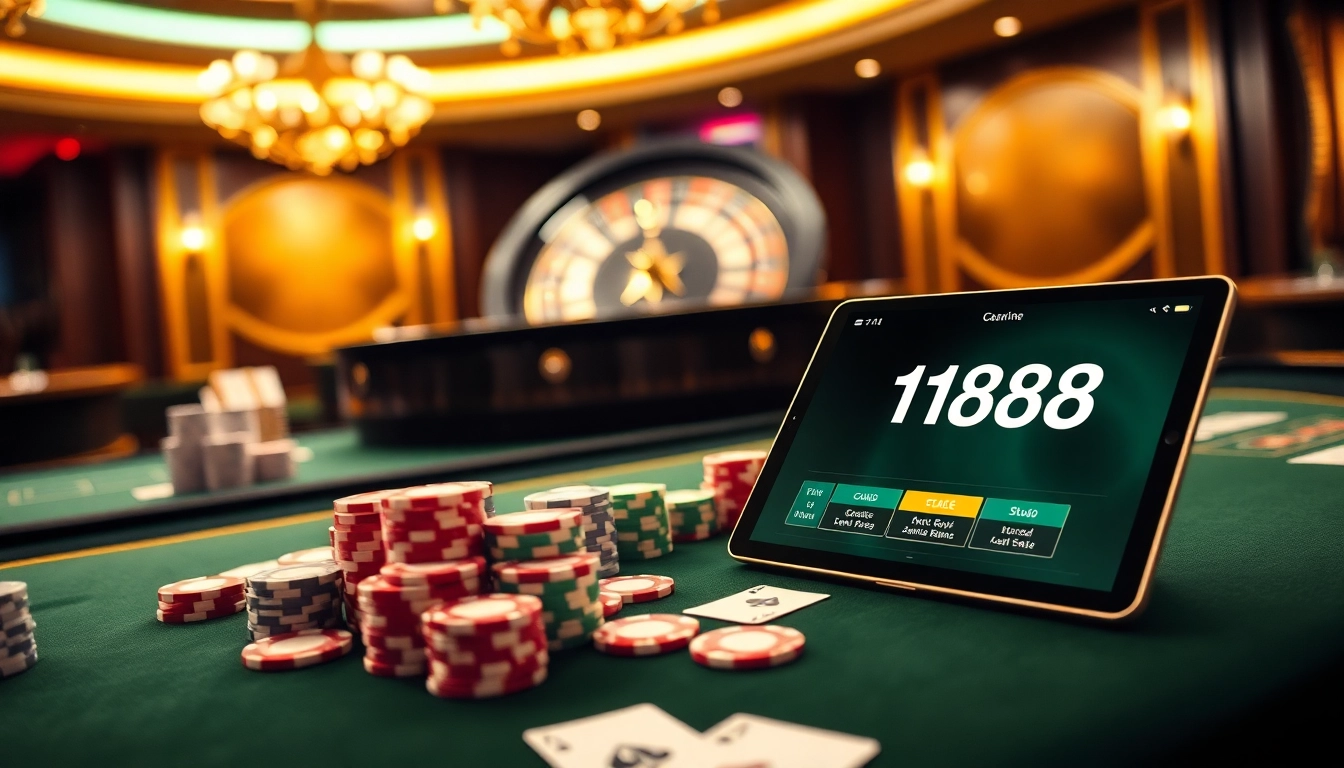 C168 gaming table with poker chips and roulette wheel, showcasing an elegant casino atmosphere.