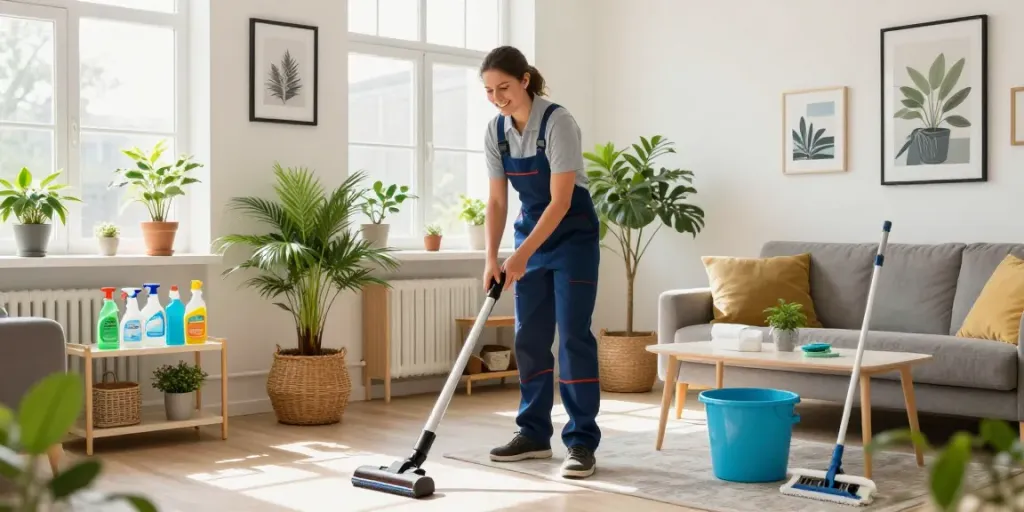 Professionele woning schoonmaak Amsterdam met een blije schoonmaker in een stijlvolle woonkamer.