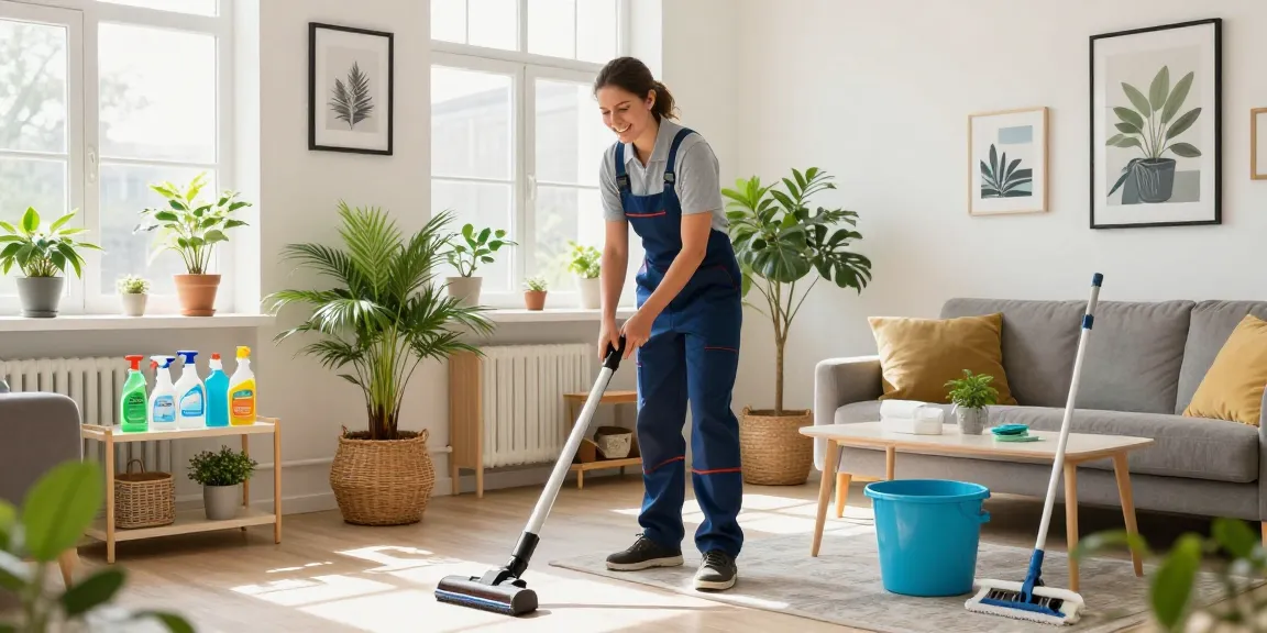 Professionele woning schoonmaak Amsterdam met een blije schoonmaker in een stijlvolle woonkamer.