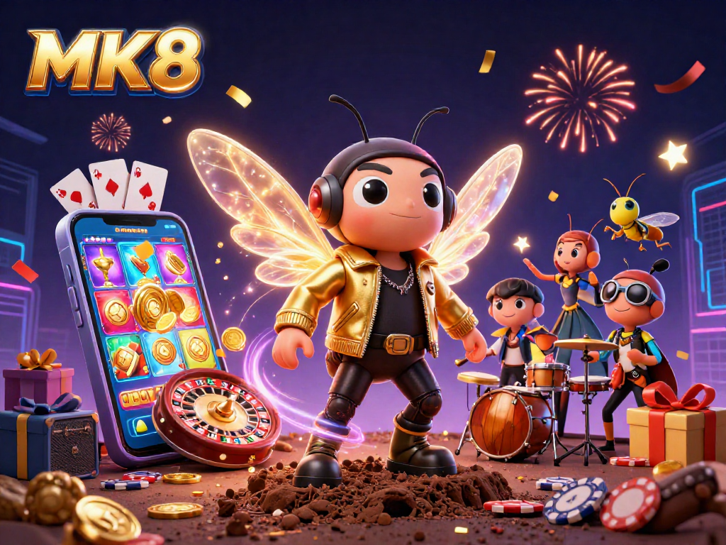 Win big with MK8's exciting games in a vibrant 3D casino illustration.