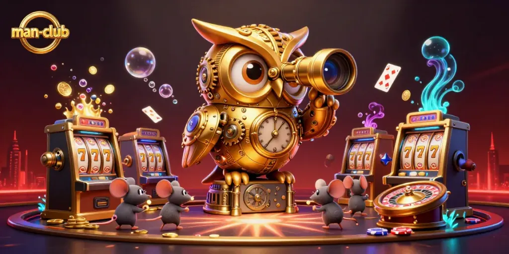Experience thrilling slot action at man-club with dynamic scenes of cartoon characters and casino games.