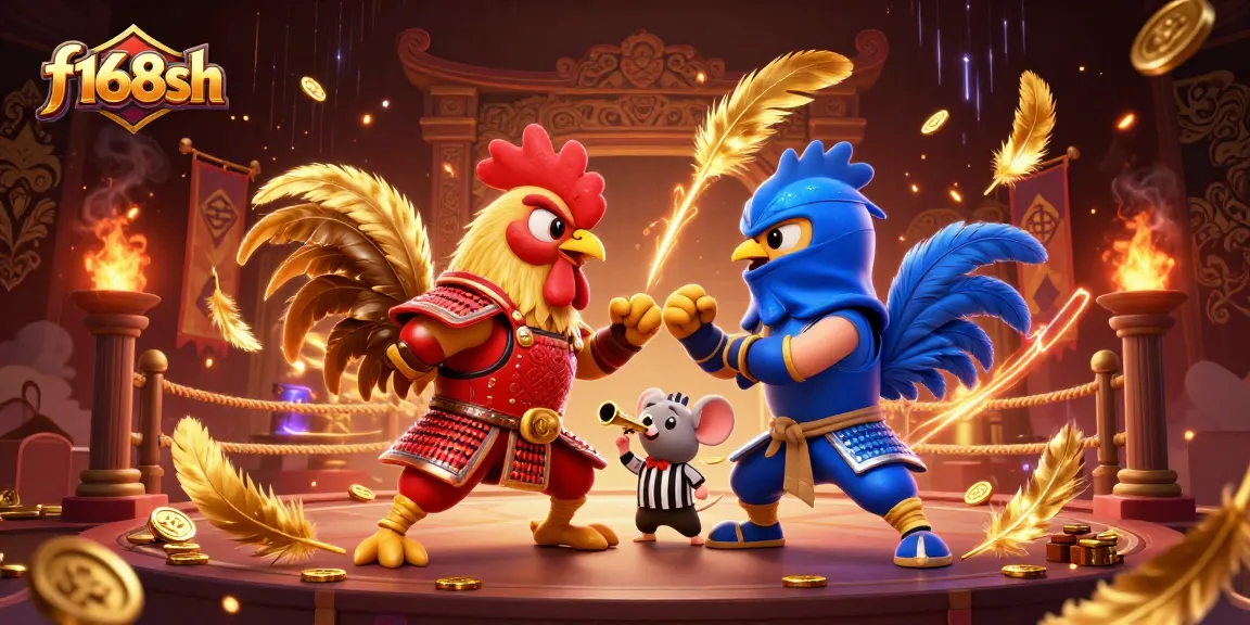 Experience the excitement of f168sh with twin fighting roosters in a dynamic casino battle scene.