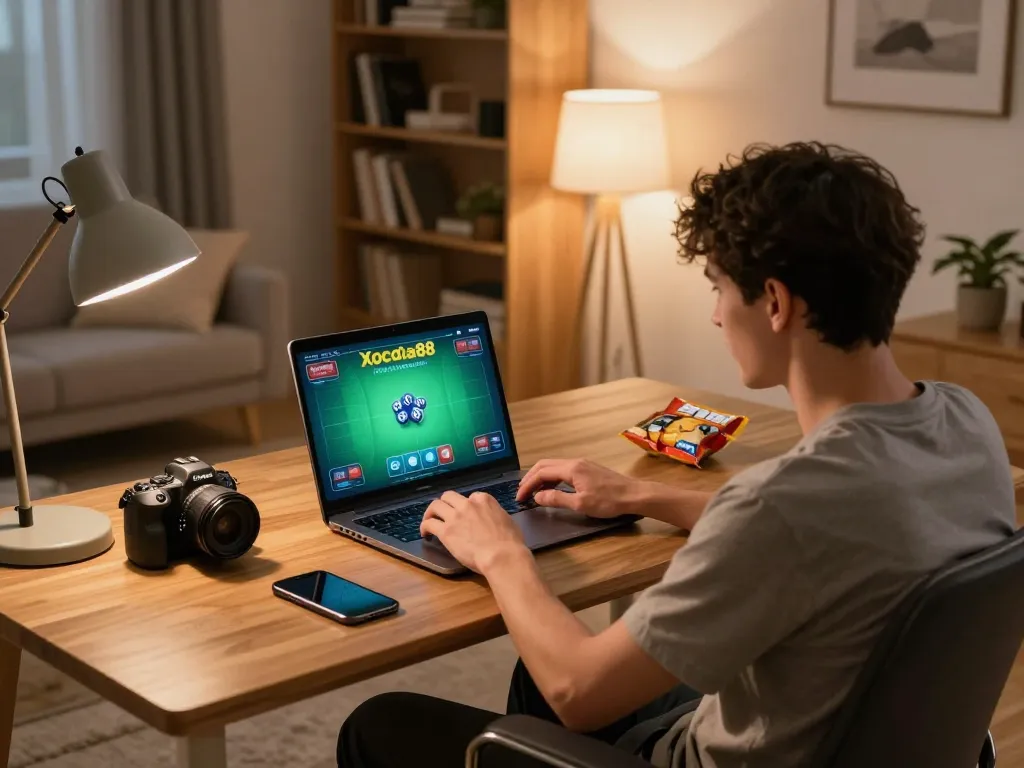 Xocdia88 player enjoying a live dice game on a laptop in a cozy home setting, showcasing a dynamic gaming experience.