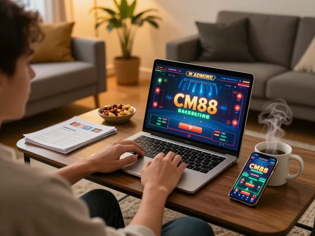 Experience online gaming with CM88 on a cozy setup, showcasing gameplay with engaging visuals