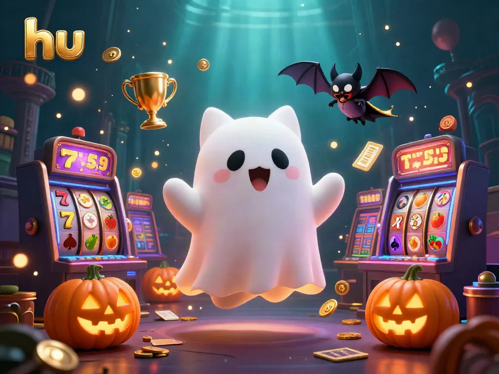 Experience the haunted casino adventure with hu's ghost cat and glowing poker jack-o-lanterns alongside vibrant slot symbols.