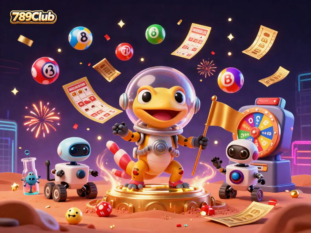 Engage in the vibrant world of 789Club with a Martian gecko discovering a golden casino amidst colorful lottery balls.