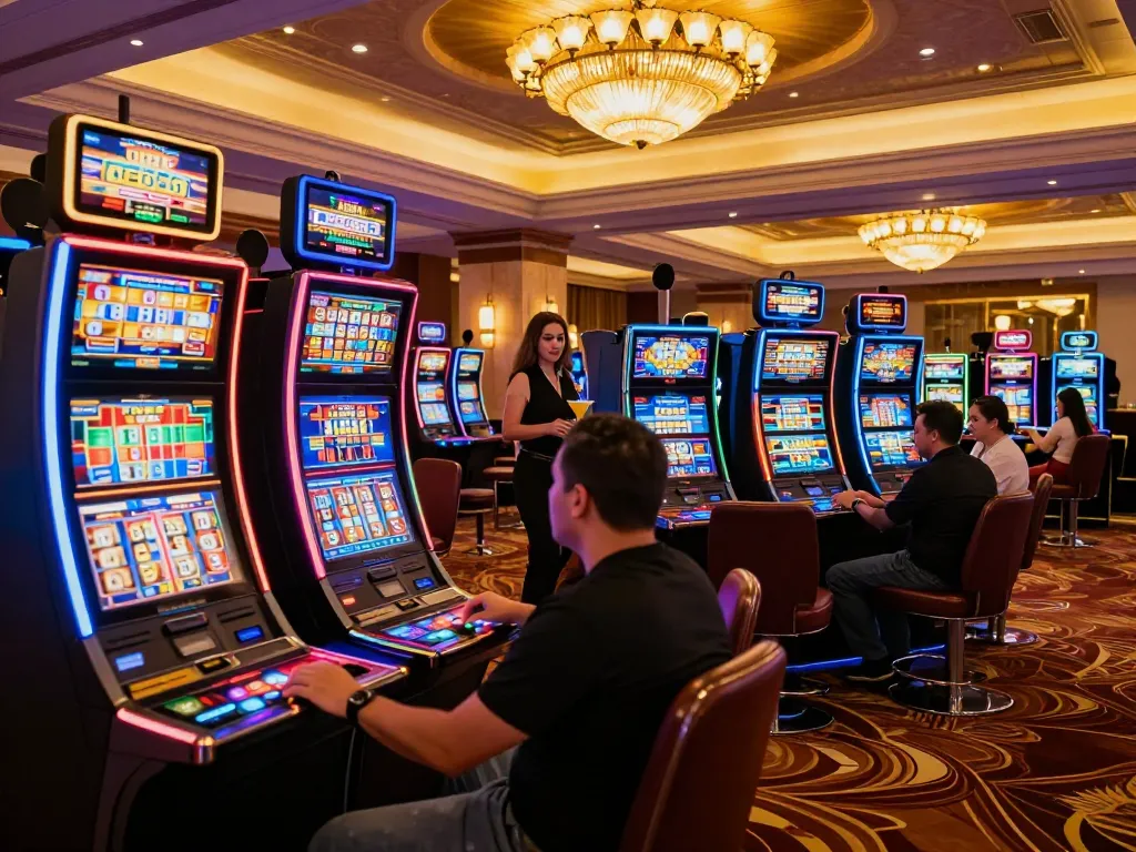 TX88 slot machines lighting up the casino with vibrant colors, players engaging with anticipation.