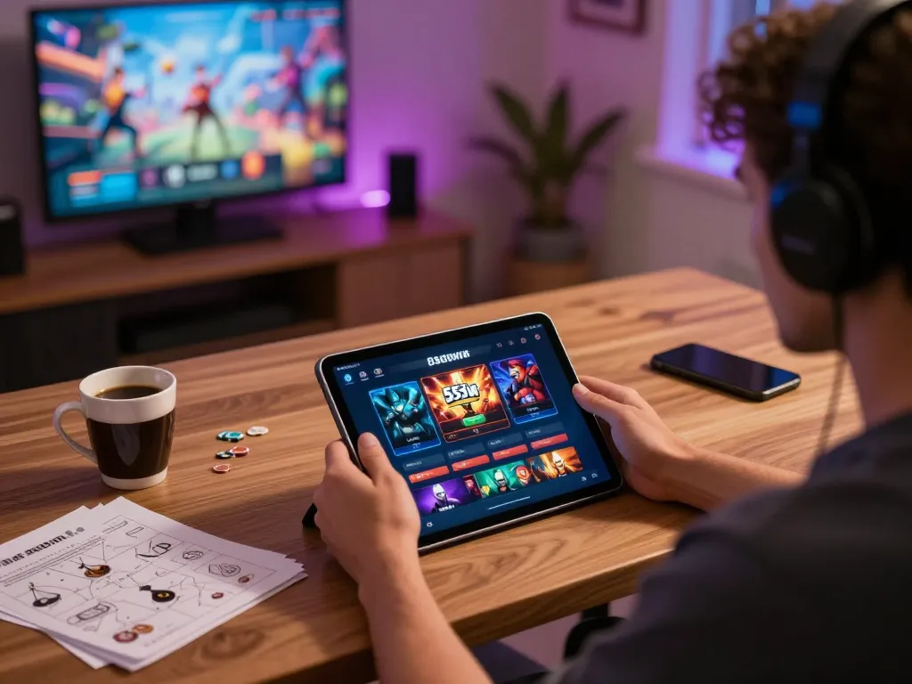 Player engaging with the 555win app for online gambling in a cozy home setting, showcasing responsible gaming
