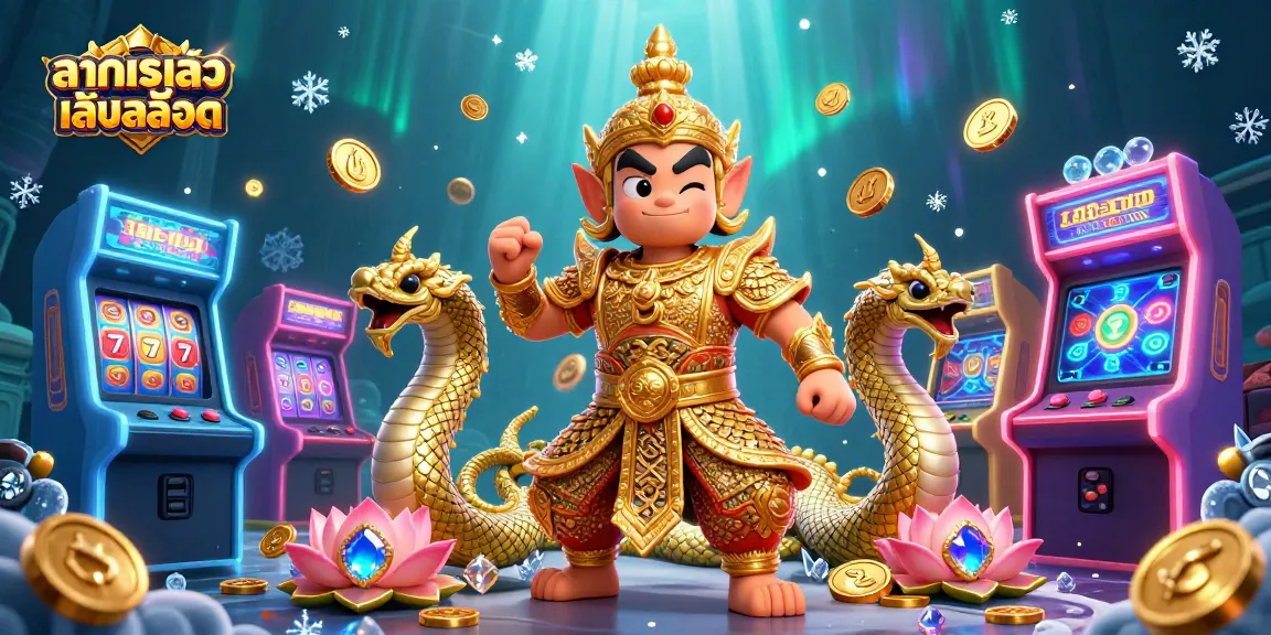 Engage with ทดลองเล่นสล็อต featuring a dynamic scene of a Thai temple guardian amidst colorful slot machines and vibrant gaming elements.