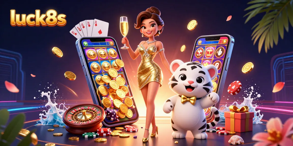Experience thrilling wins with luck8s at this lively casino scene featuring a glamorous woman and a lucky tiger.