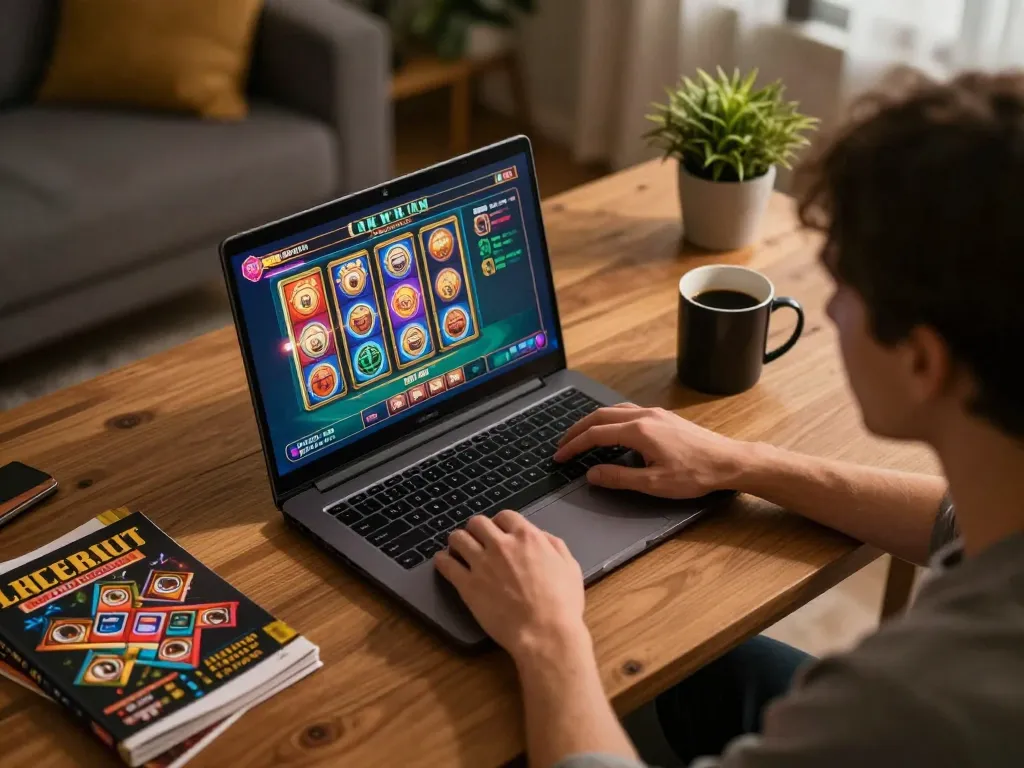Engage with 11bet com in dynamic online gaming action on a laptop in a cozy home workspace.