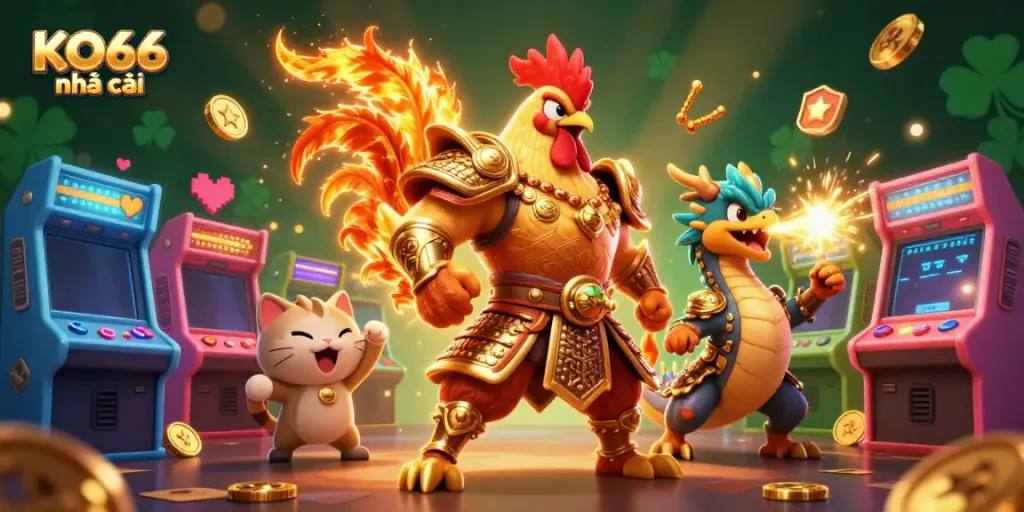Experience excitement at KO66 nhà cái with a 3D rooster warrior and dragon in a vivid casino scene.