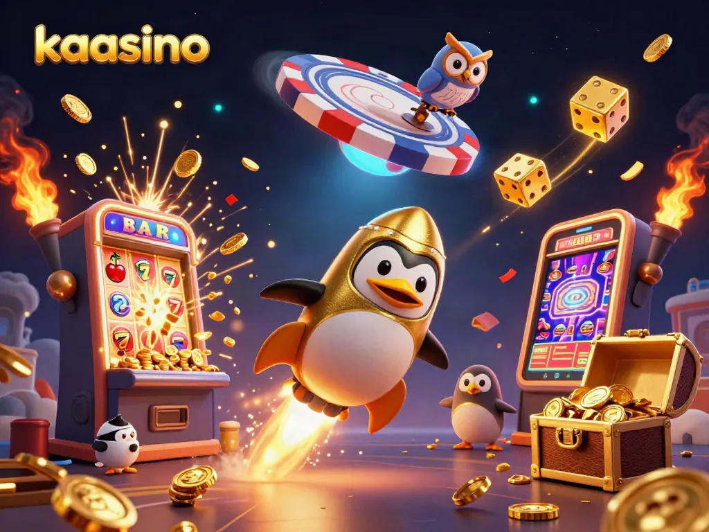 Kaasino players enjoying a dynamic and vibrant scene with a golden penguin and casino elements.