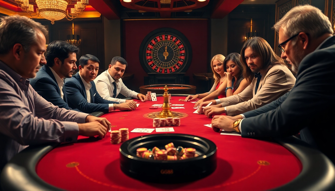 Players enjoying a high-stakes poker game at GG88 with vibrant chips and cards.