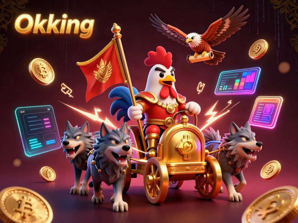 Engage with the thrill of Okking through a 3D cartoon adventure showcasing a rooster warlord in a casino atmosphere.