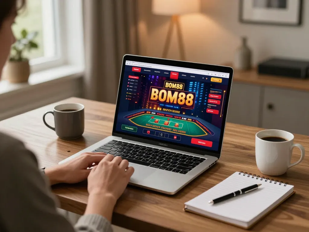BOM88 online gaming experience with a cozy setup showcasing live dealer interactions and strategy