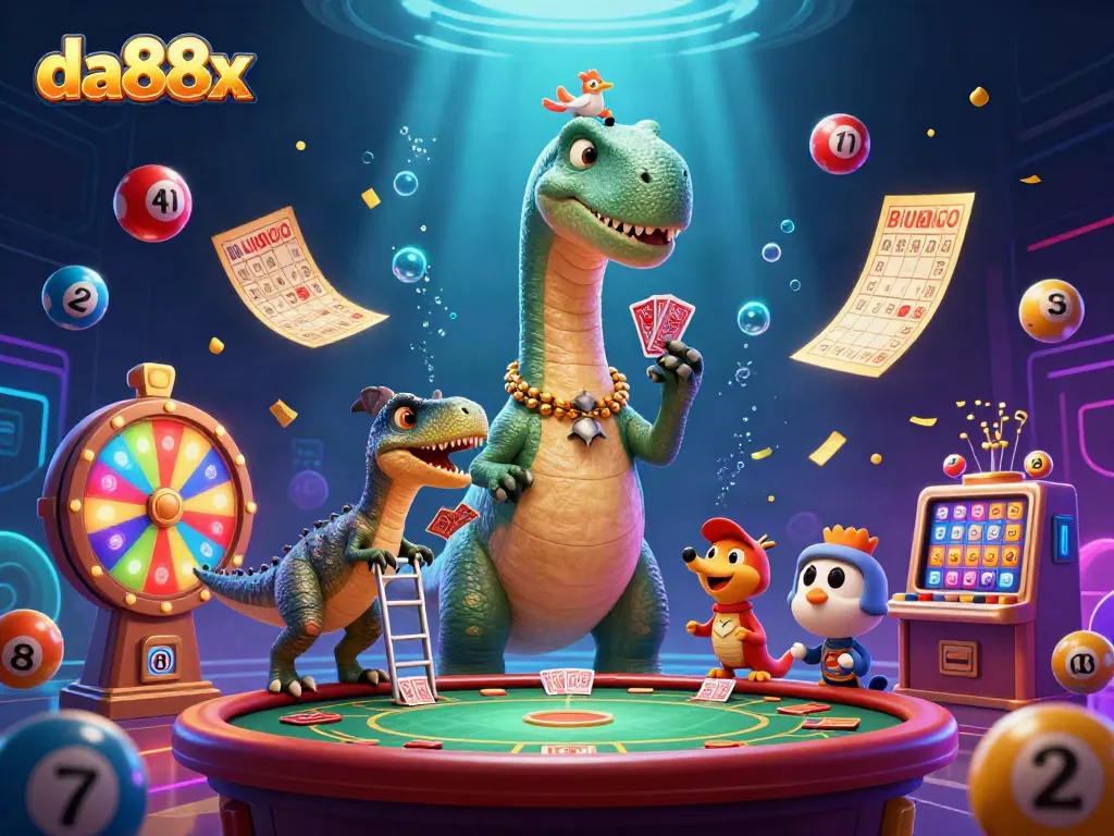 Experience the thrill of winning at da88x with vibrant lottery balls and lively casino characters.