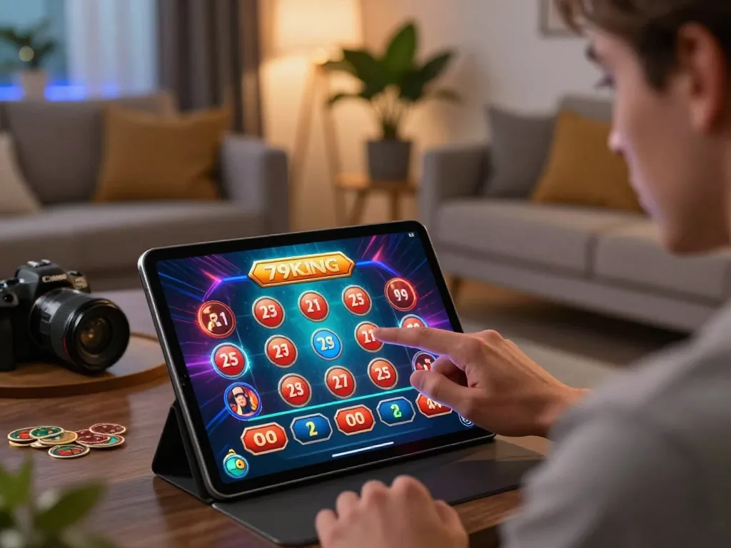 Engaging with 79king casino app on a sleek tablet in a cozy living room setting.