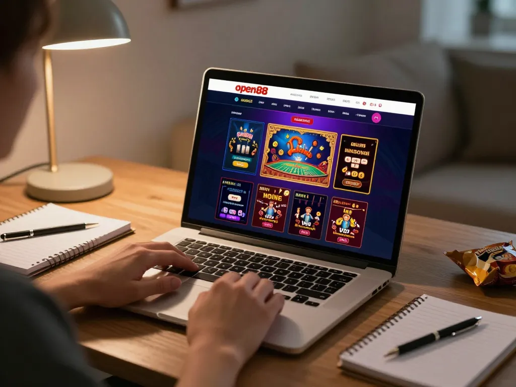 Play interactive games on open88 using a laptop in a cozy home setting, with notes and strategy by the side.