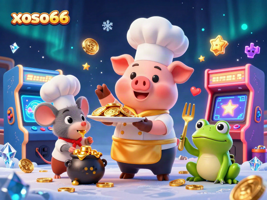 Experience xoso66's thrilling gaming atmosphere with cartoon pig chef serving gold coins among vibrant game machines.
