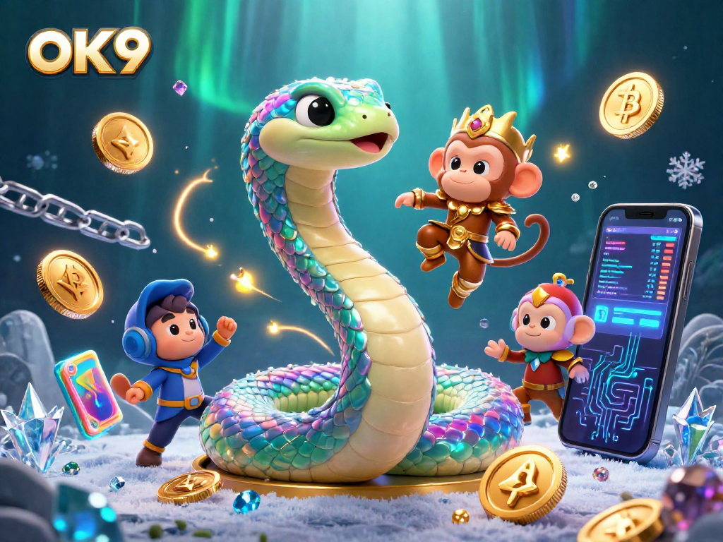 Engage in thrilling adventures with OK9 in this vibrant 3D casino illustration of the rainbow serpent.