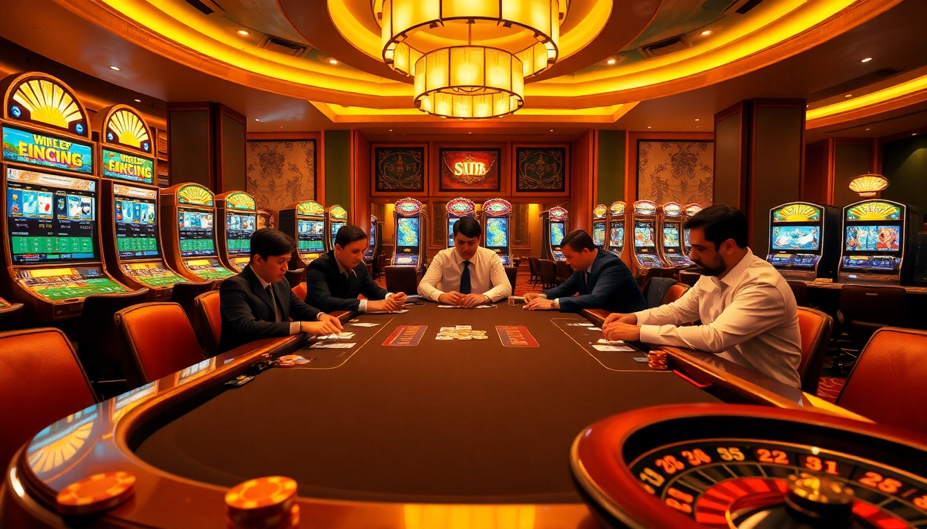 Intense poker game at a luxurious S8-themed casino with vibrant slot machines and professional players.