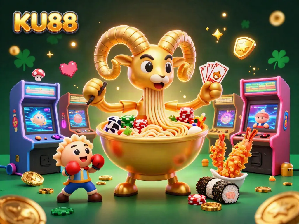 KU88 features a cartoon ramen bowl dealer managing an exciting casino game scene filled with action.