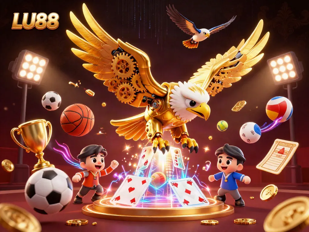 LU88 showcases an energetic dive of a golden eagle amidst flying sports elements, enhancing online betting excitement.