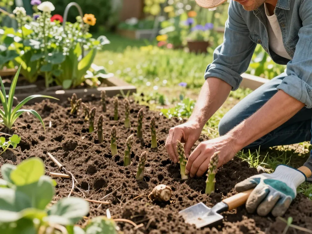 Asperges kweken by planting young asparagus crowns in a sunlit garden.