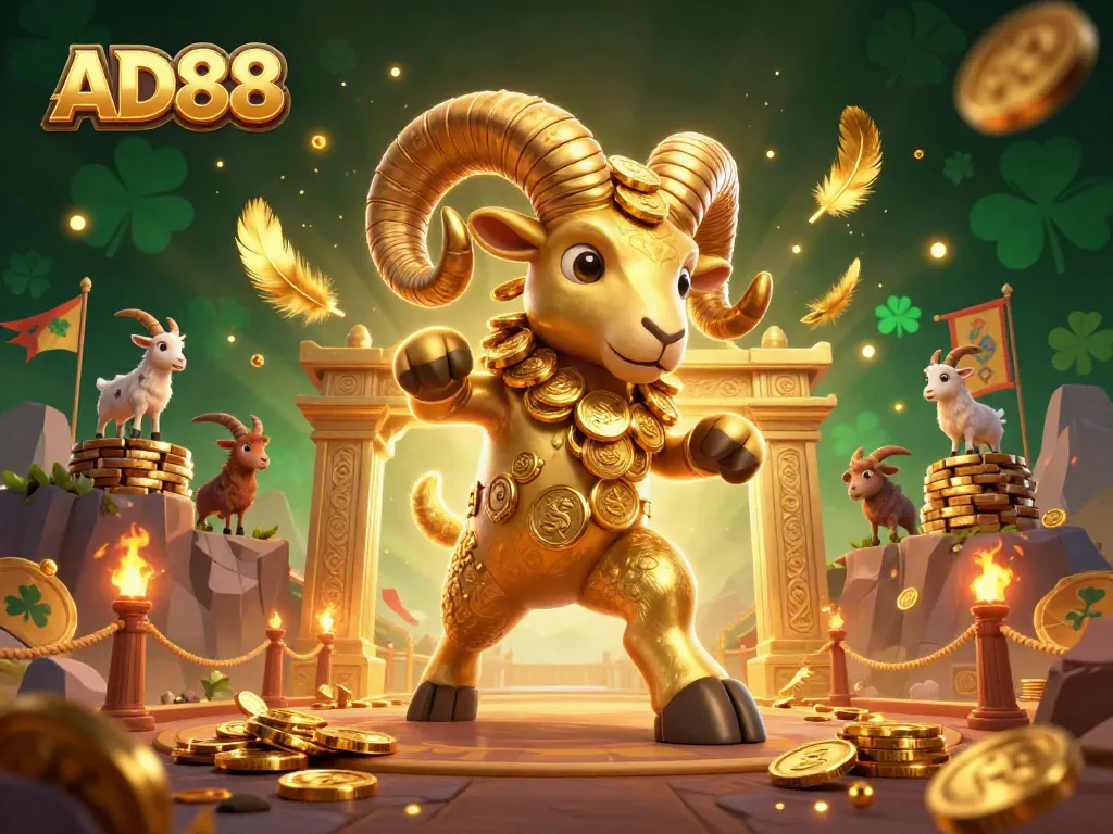 Experience the excitement at AD88 with a thrilling golden ram charging through a colorful casino scene.