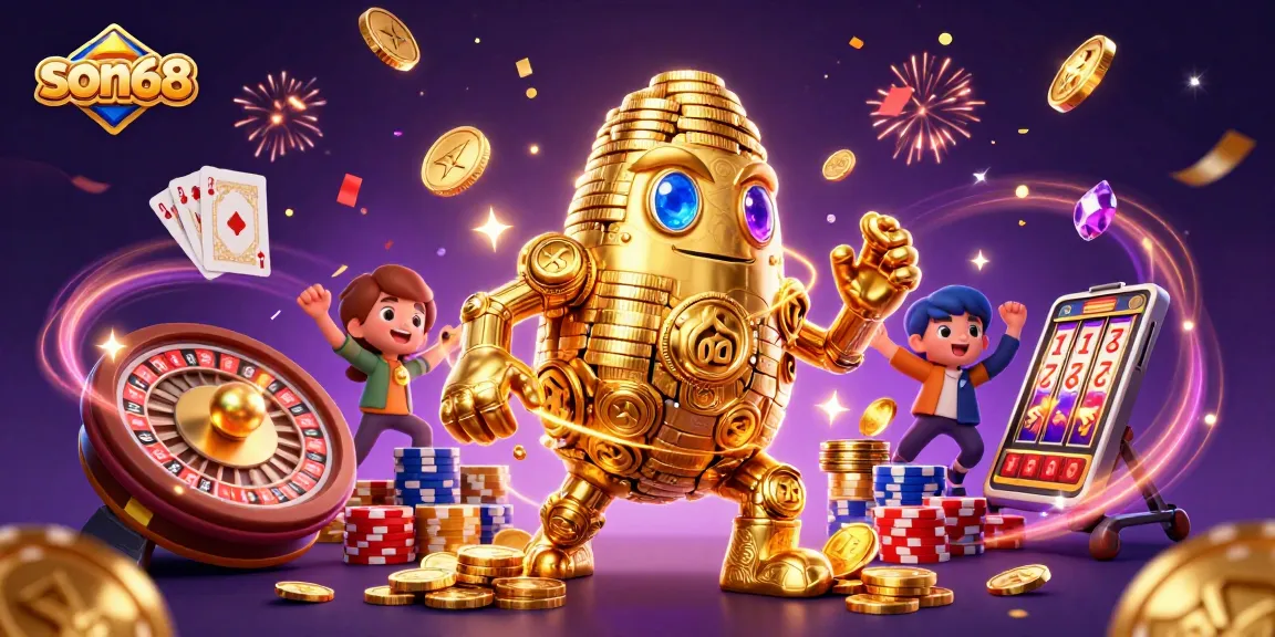 son68 casino golem surrounded by riches and celebrating elements in vibrant 3D illustration