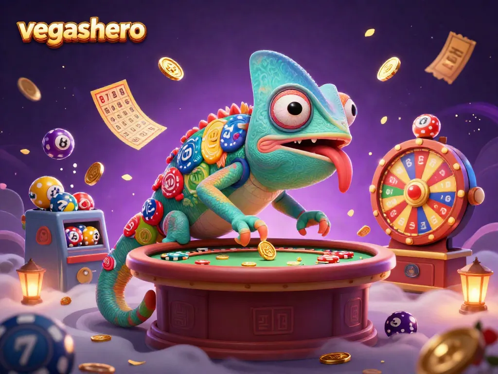 Experience the excitement at VegasHero with a dynamic casino scene full of colorful lottery elements.