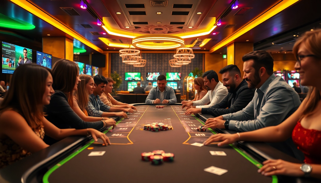 Dynamic scene of a trustworthy online casino showcasing diverse players enjoying games, emphasizing nhà cái uy tín.