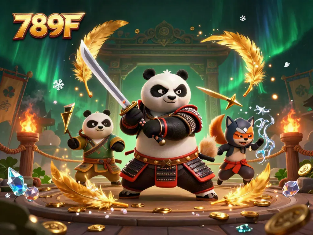 Experience excitement at 789F with a samurai panda and ninja fox in a dynamic casino setting.