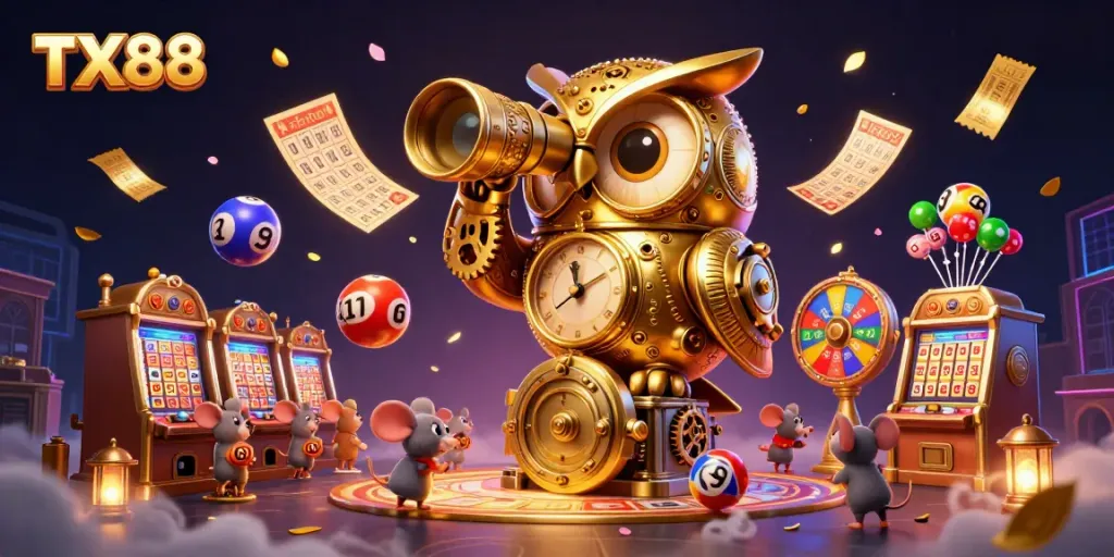 Experience thrilling gaming at TX88 with a whimsical owl and vibrant casino elements.