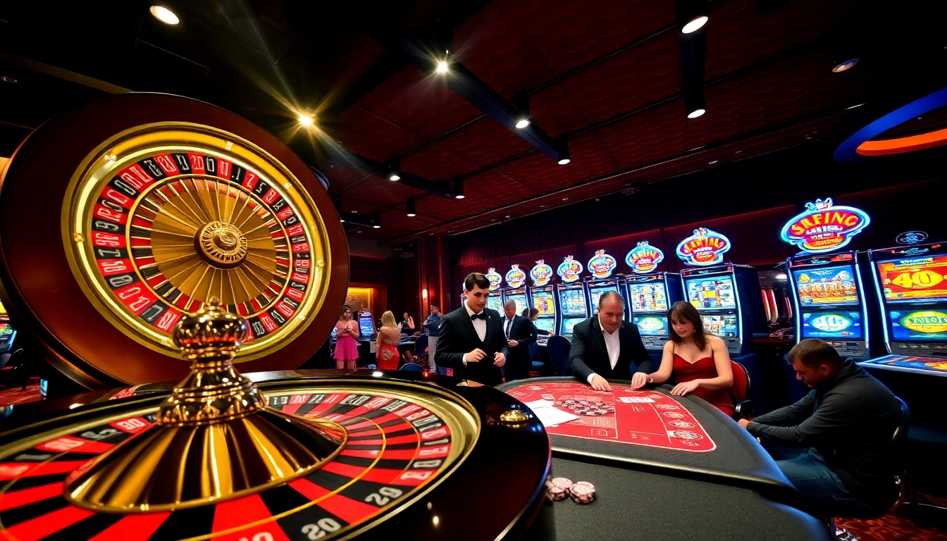 Gamblers enjoying the vibrant atmosphere at 98WINS CO COM with roulette, blackjack, and slot machines.