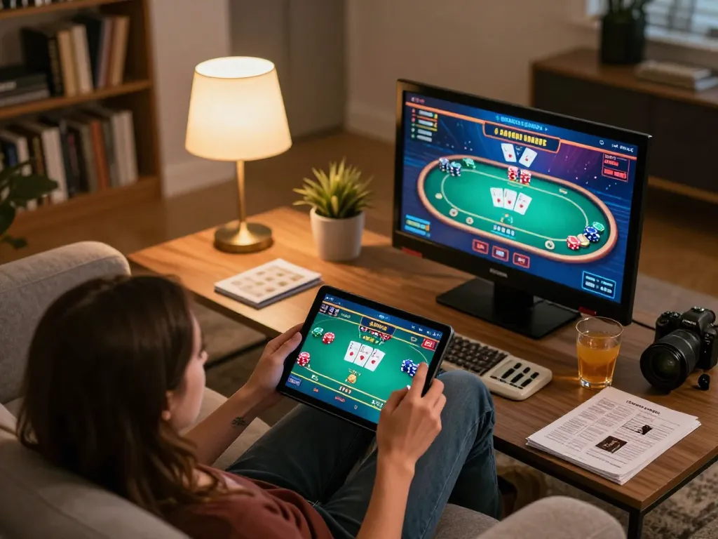 Engaging W188 online casino gaming session on a tablet at home with cozy ambiance and strategic notes