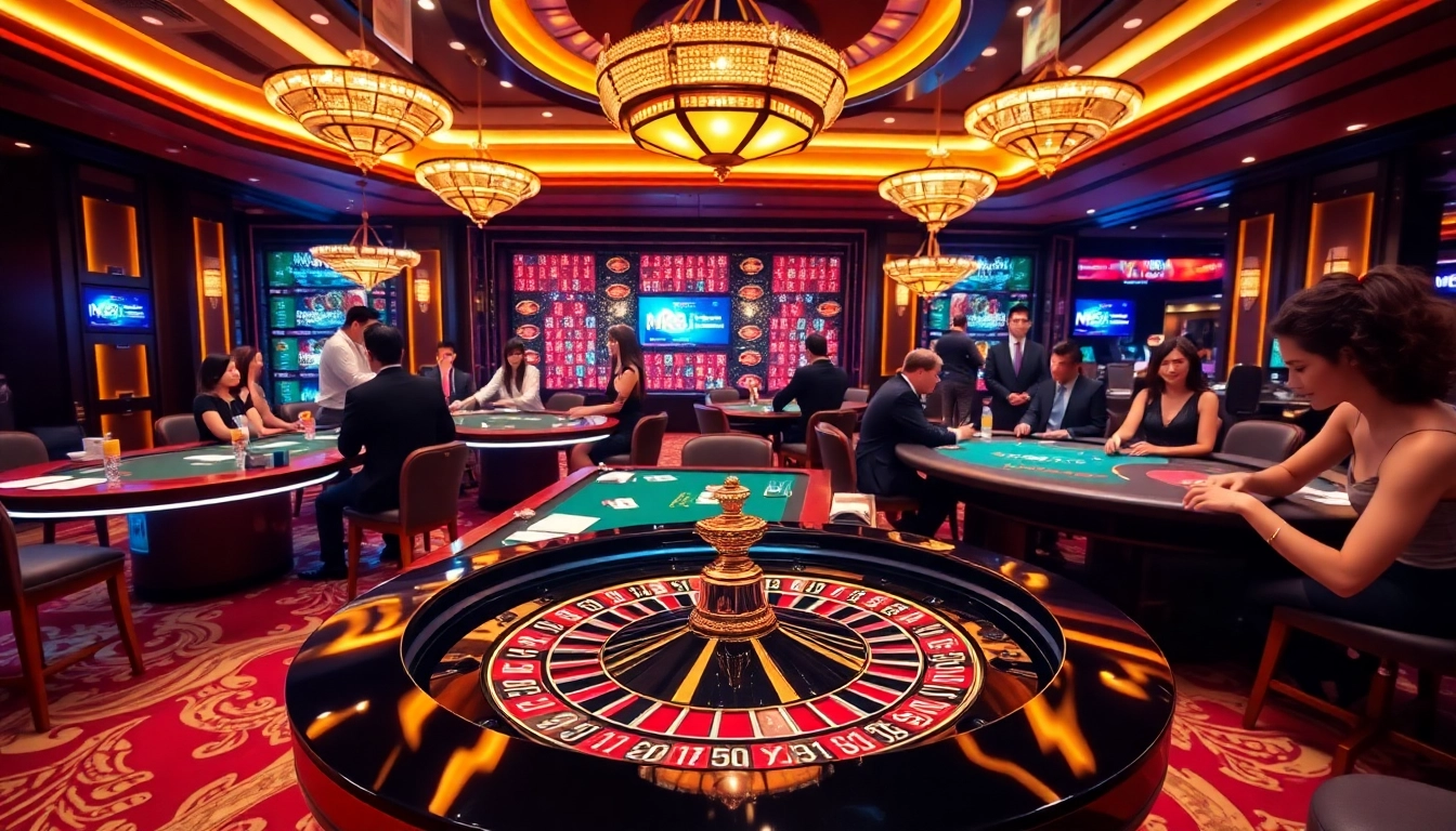 Exciting gambling scene depicting nk88 bio's vibrant casino atmosphere with poker and roulette tables.