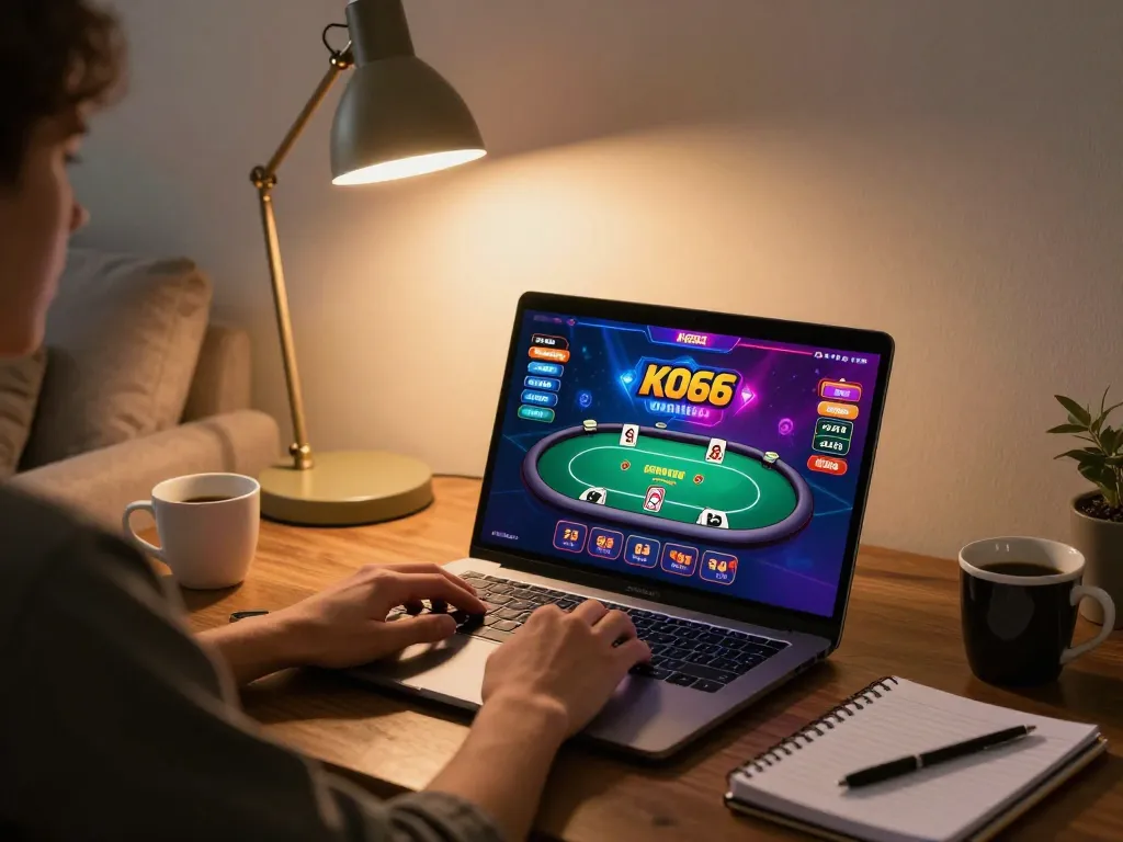 Engaging in KO66 online poker from a comfortable home gaming setup with vibrant screen displays