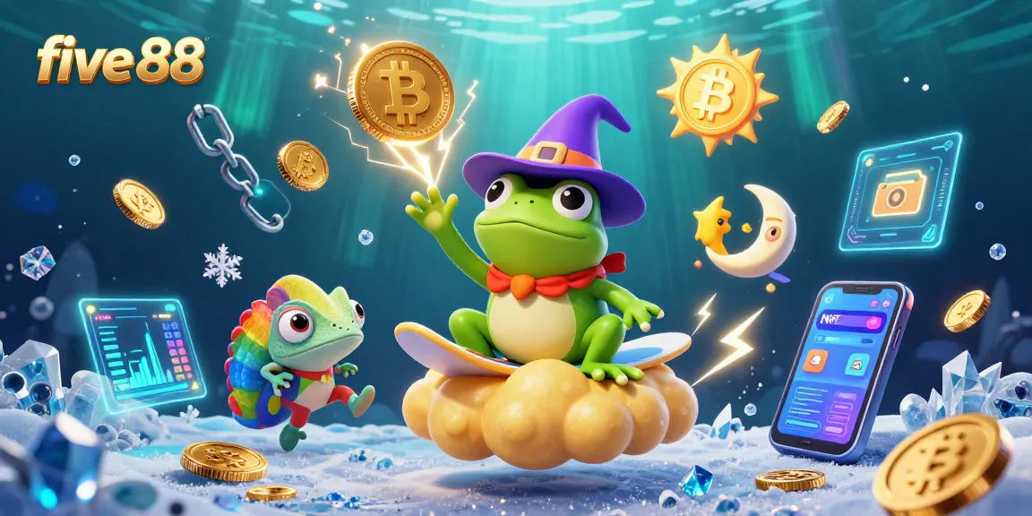 Experience the excitement of five 88 through a vibrant casino scene with currency elements and magical creatures.