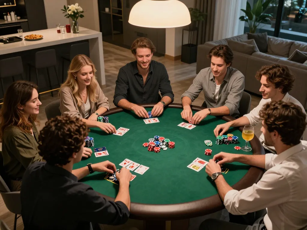 Players enjoying a lively home poker game, showcasing Uk88's engaging gambling experience in a comfortable environment.