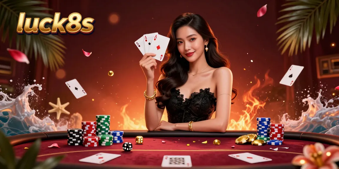 Experience the excitement of luck8s with a glamorous casino scene featuring a graceful Asian woman playing cards.