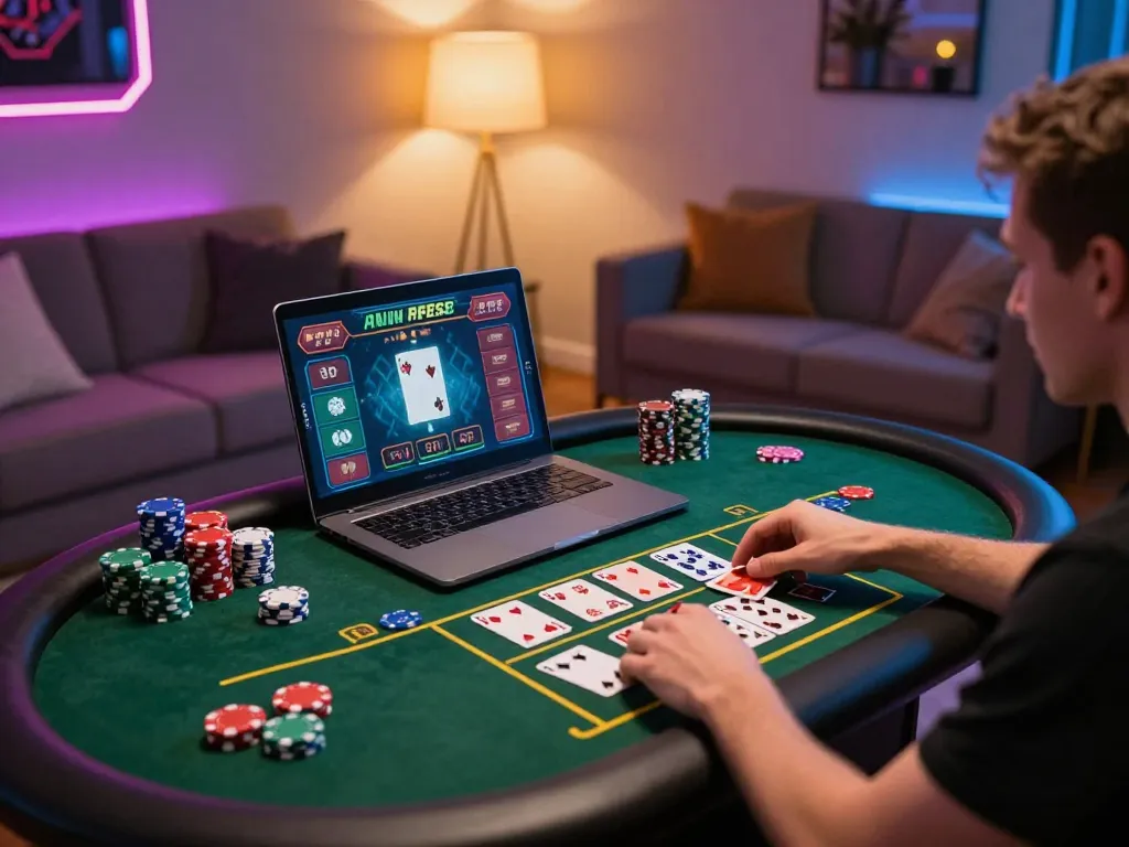 Dabet player engaging in a thrilling online casino game with vibrant gaming setup